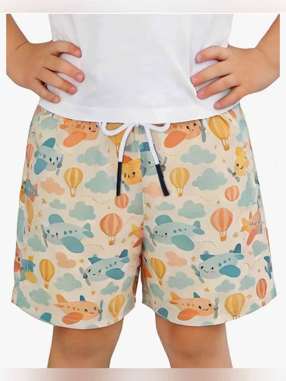 Kids Cream Airplane & Hot Air Balloon Swim Trunks